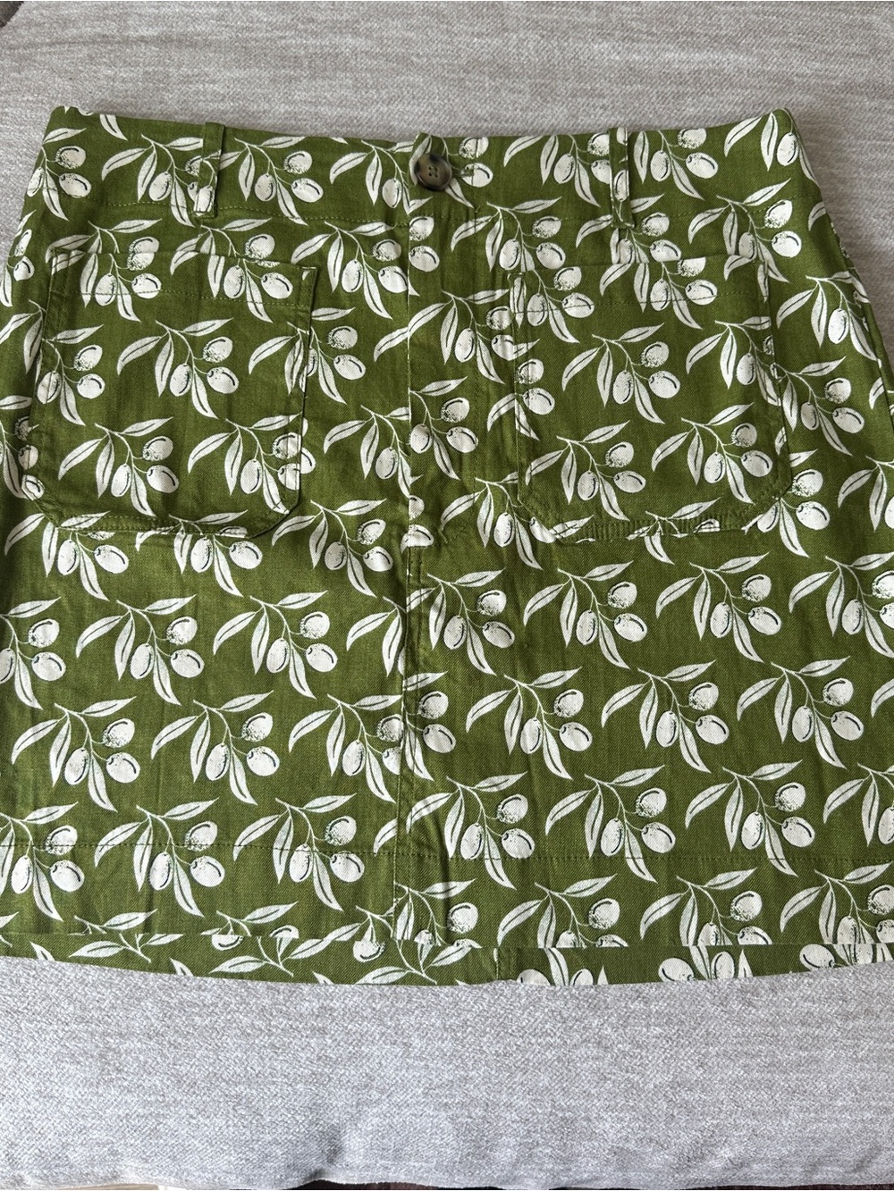 Anthropologie Olive Green Mini Skirt with White Botanical Print - Picture 2 of 11